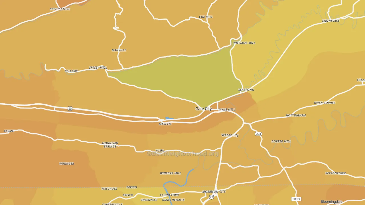 Map of the best neighborhoods in the 24251 area, with better matches in green and worse matches in red
