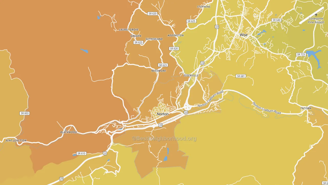Map of the best neighborhoods in the 24273 area, with better matches in green and worse matches in red