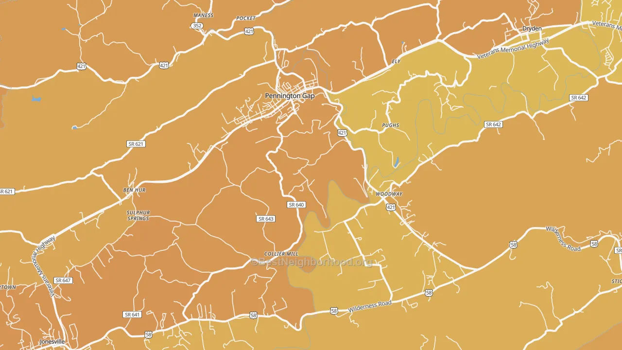 Map of the best neighborhoods in the 24277 area, with better matches in green and worse matches in red