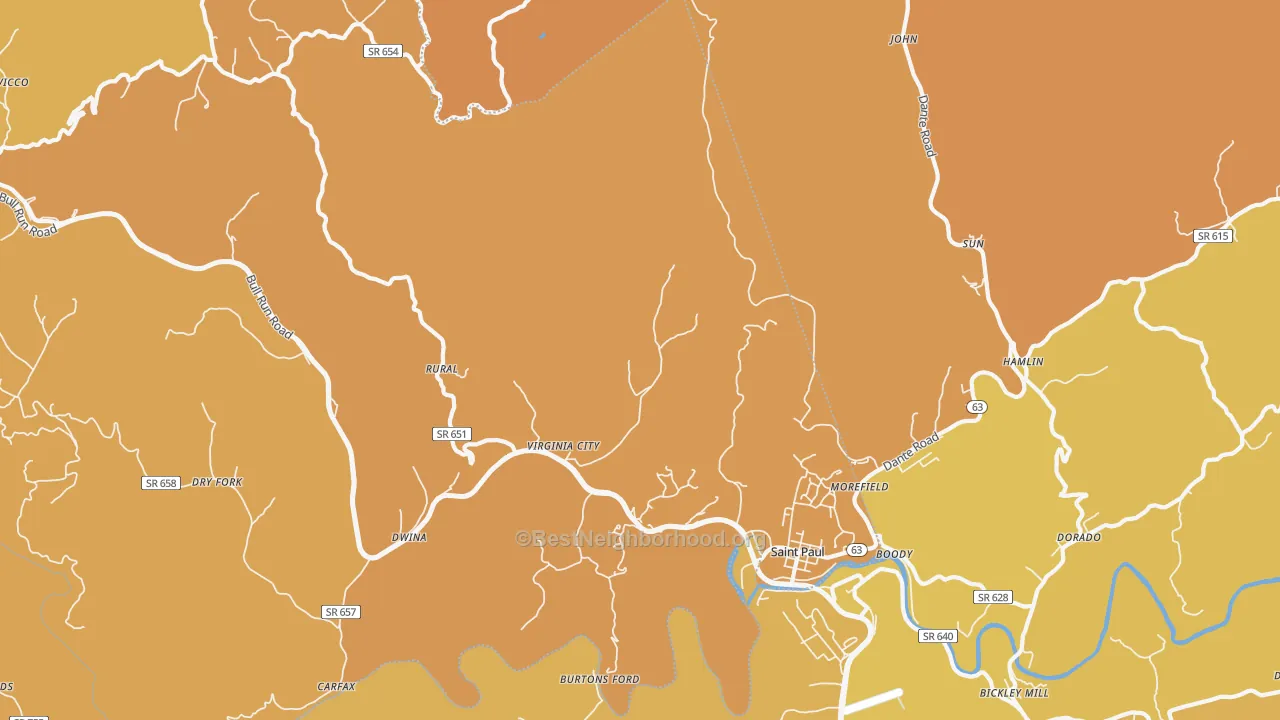 Map of the best neighborhoods in the 24283 area, with better matches in green and worse matches in red