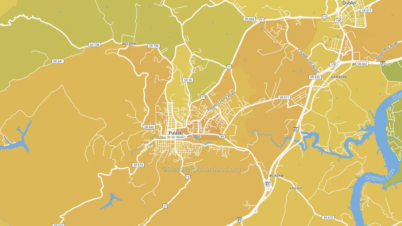 Map of the best neighborhoods in the 24301 area, with better matches in green and worse matches in red