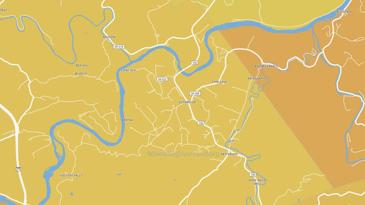 Map of the best neighborhoods in the 24313 area, with better matches in green and worse matches in red