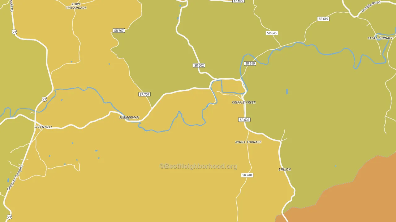 Map of the best neighborhoods in the 24322 area, with better matches in green and worse matches in red
