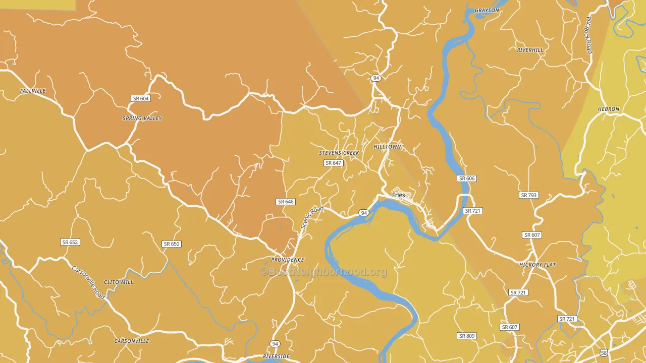 Map of the best neighborhoods in the 24330 area, with better matches in green and worse matches in red
