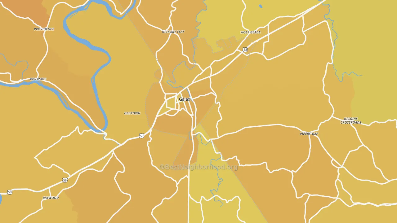 Map of the best neighborhoods in the 24333 area, with better matches in green and worse matches in red