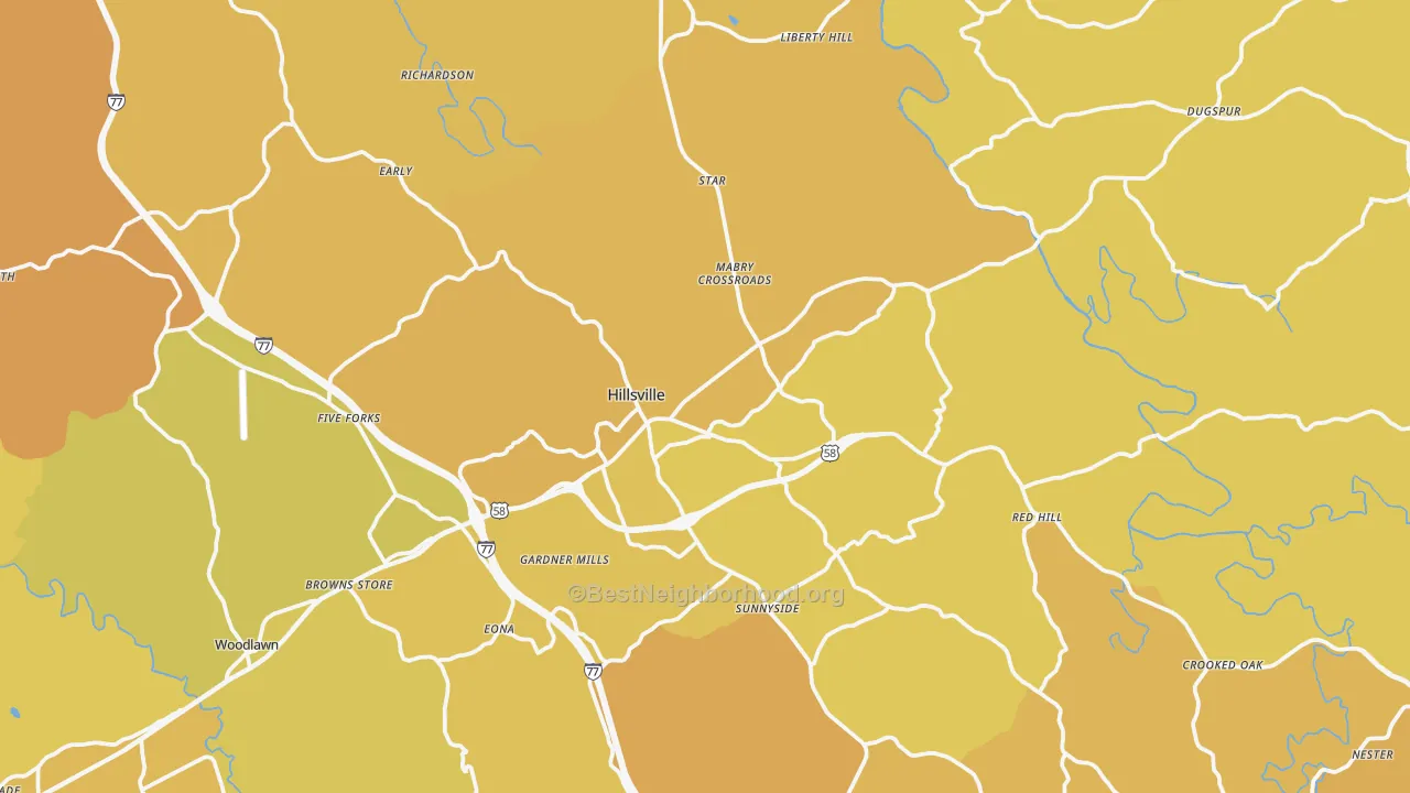 Map of the best neighborhoods in the 24343 area, with better matches in green and worse matches in red