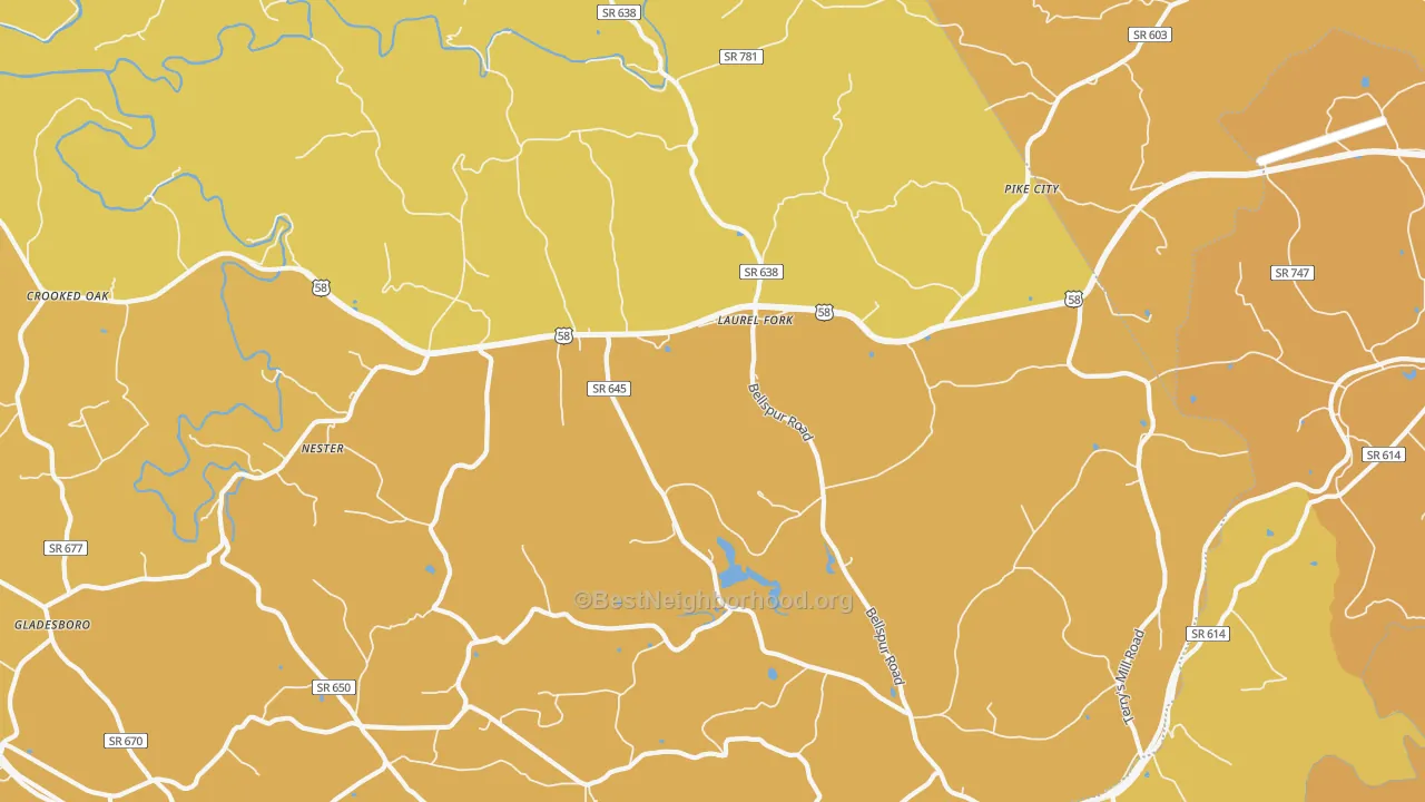 Map of the best neighborhoods in the 24352 area, with better matches in green and worse matches in red