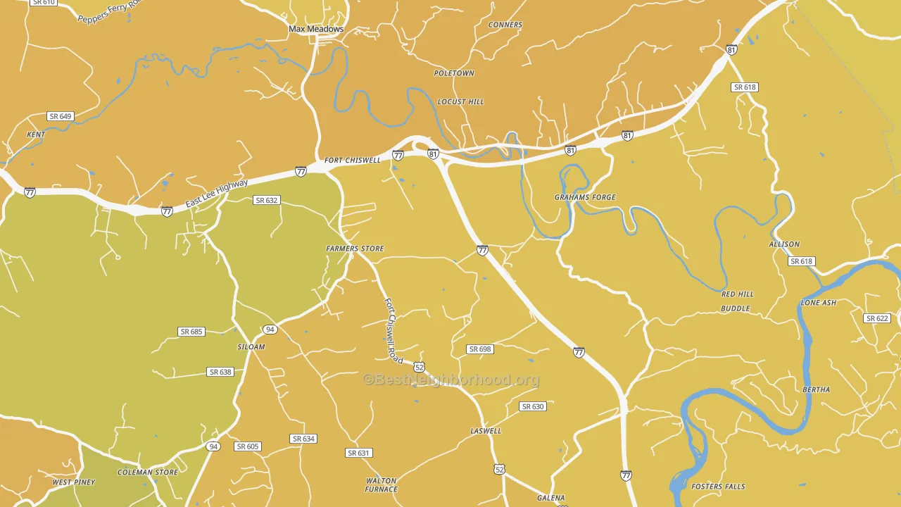 Map of the best neighborhoods in the 24360 area, with better matches in green and worse matches in red