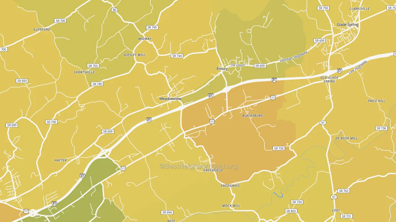 Map of the best neighborhoods in the 24361 area, with better matches in green and worse matches in red