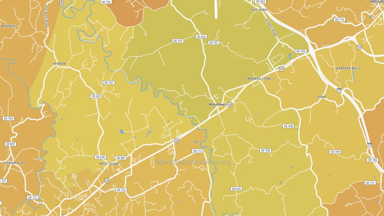 Map of the best neighborhoods in the 24381 area, with better matches in green and worse matches in red