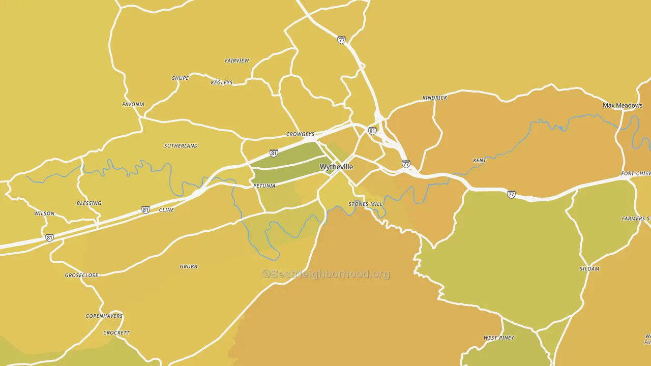 Map of the best neighborhoods in the 24382 area, with better matches in green and worse matches in red