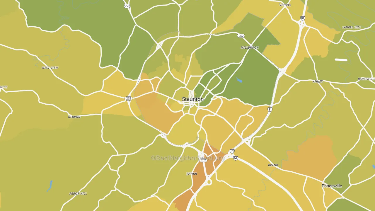 Map of the best neighborhoods in the 24401 area, with better matches in green and worse matches in red