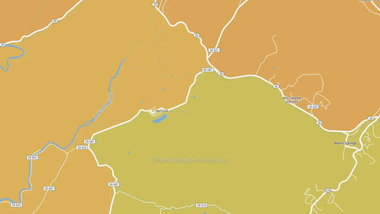 Map of the best neighborhoods in the 24412 area, with better matches in green and worse matches in red