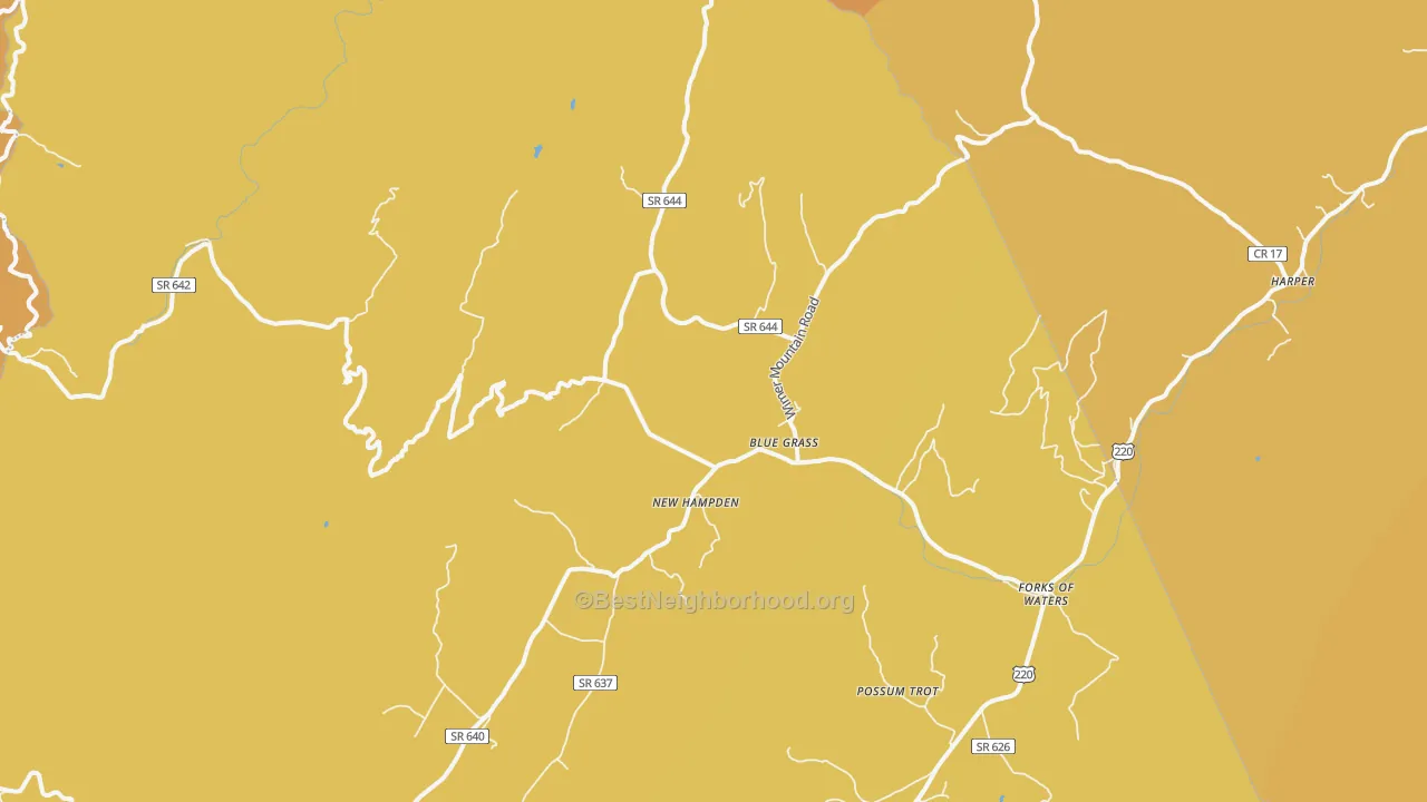 Map of the best neighborhoods in the 24413 area, with better matches in green and worse matches in red