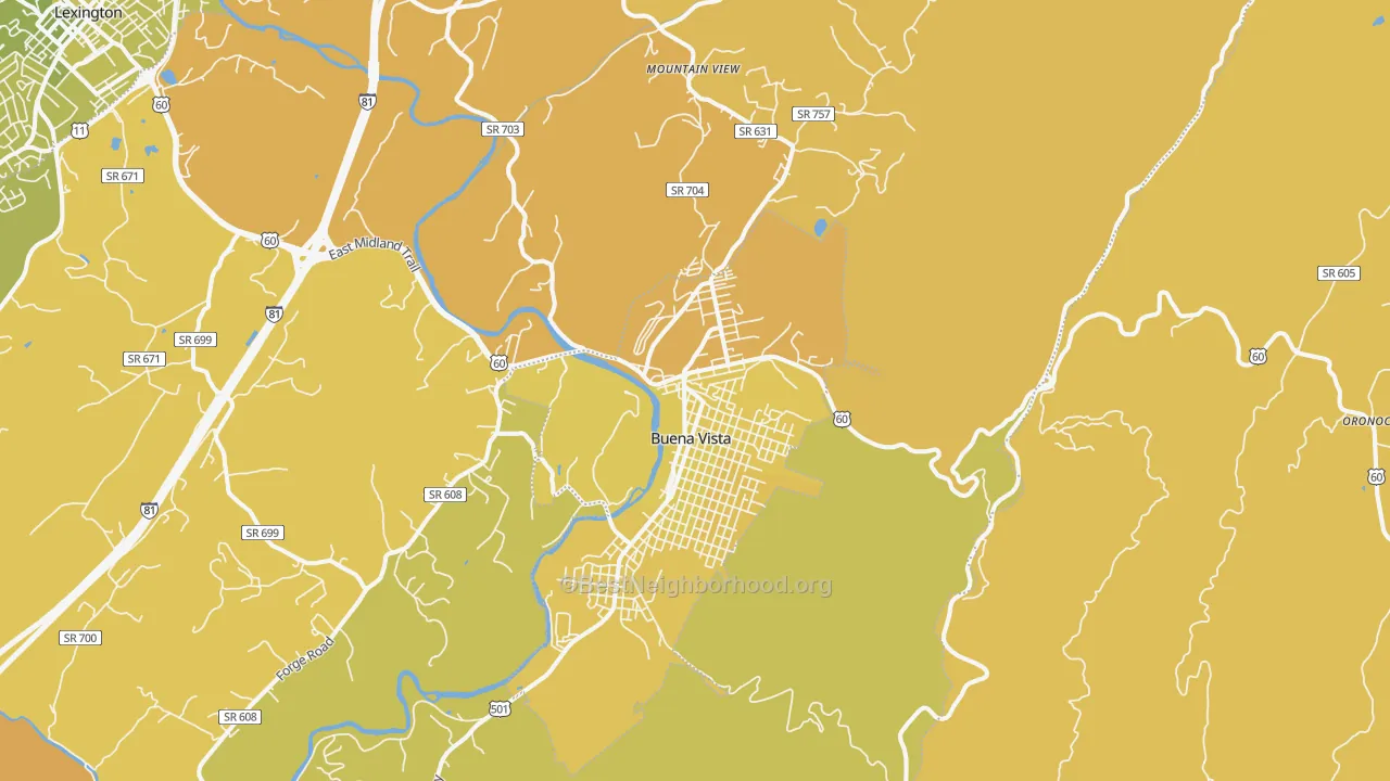 Map of the best neighborhoods in the 24416 area, with better matches in green and worse matches in red