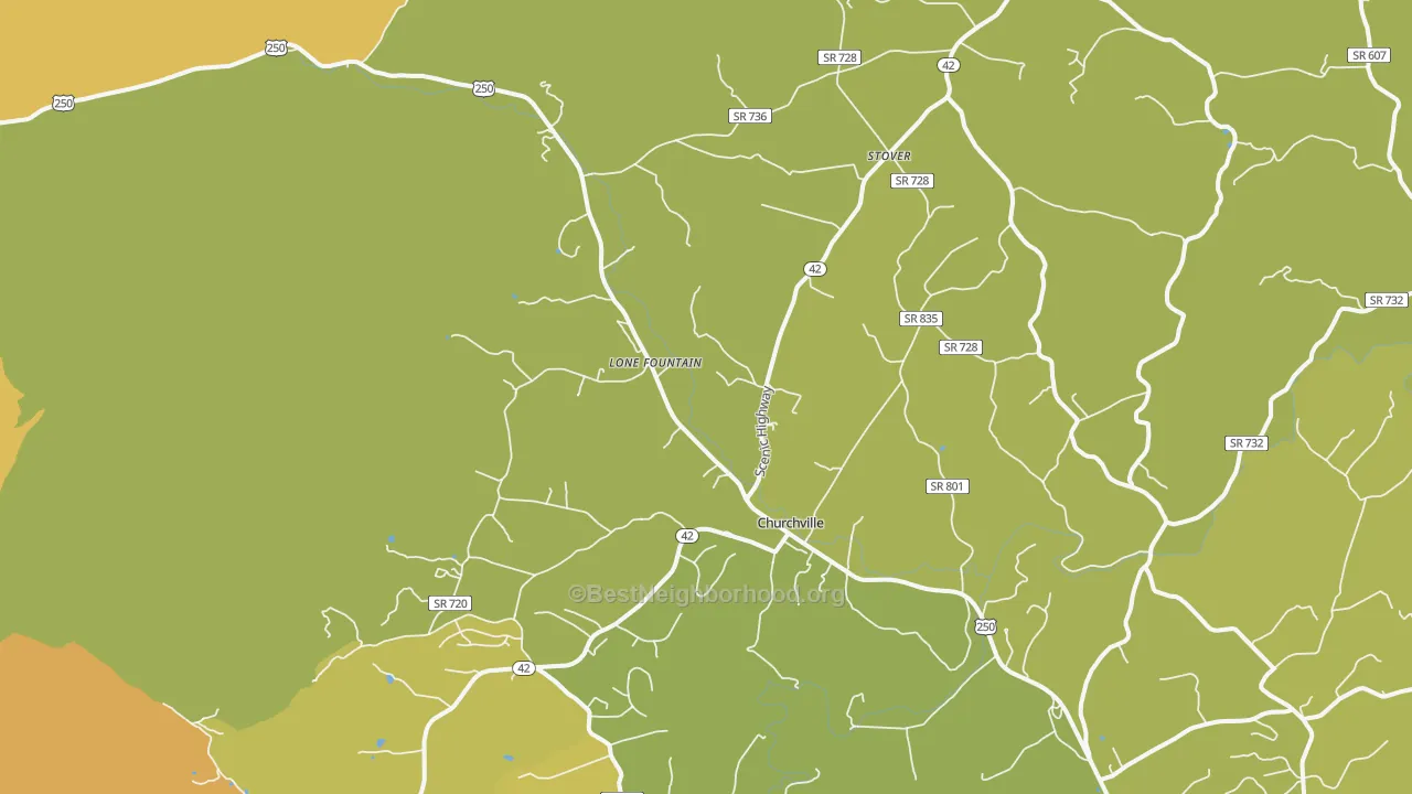Map of the best neighborhoods in the 24421 area, with better matches in green and worse matches in red