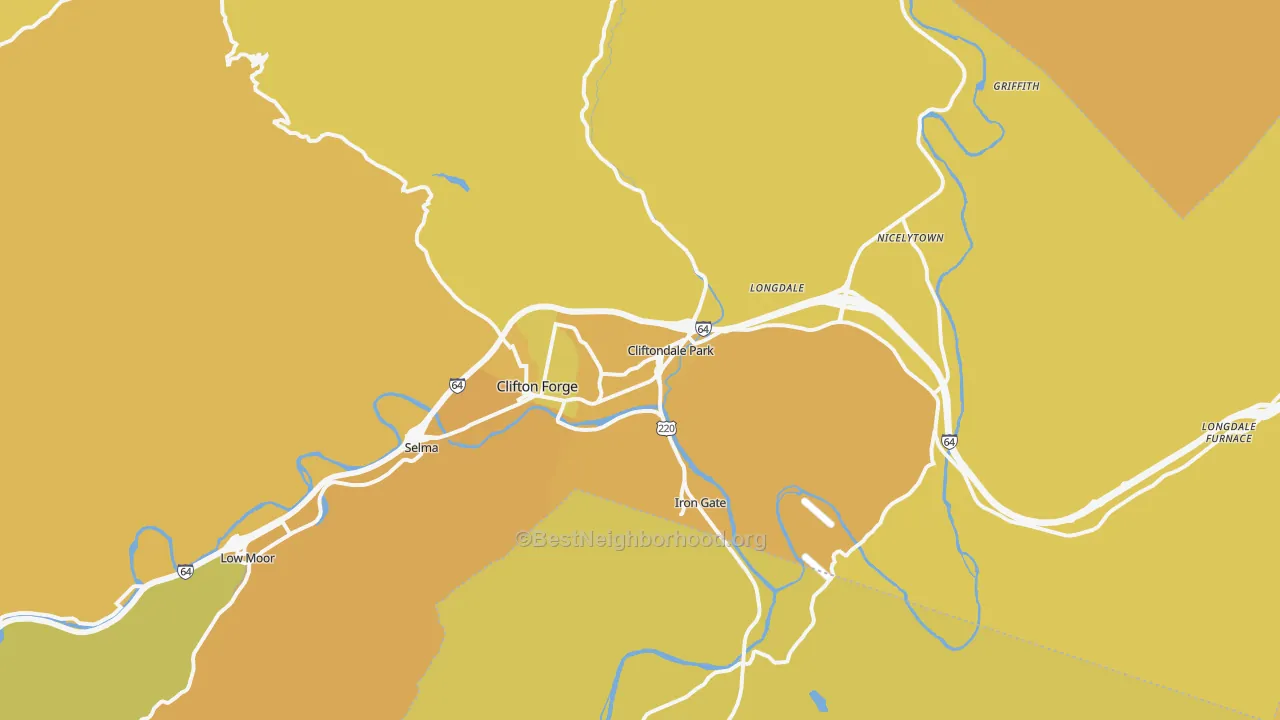 Map of the best neighborhoods in the 24422 area, with better matches in green and worse matches in red