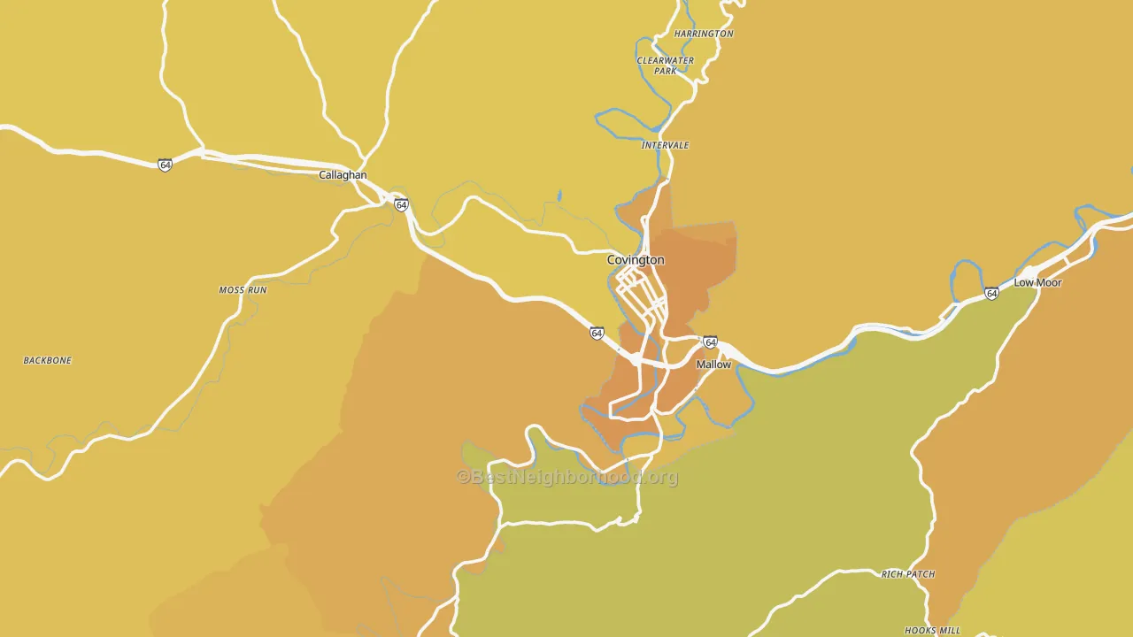 Map of the best neighborhoods in the 24426 area, with better matches in green and worse matches in red