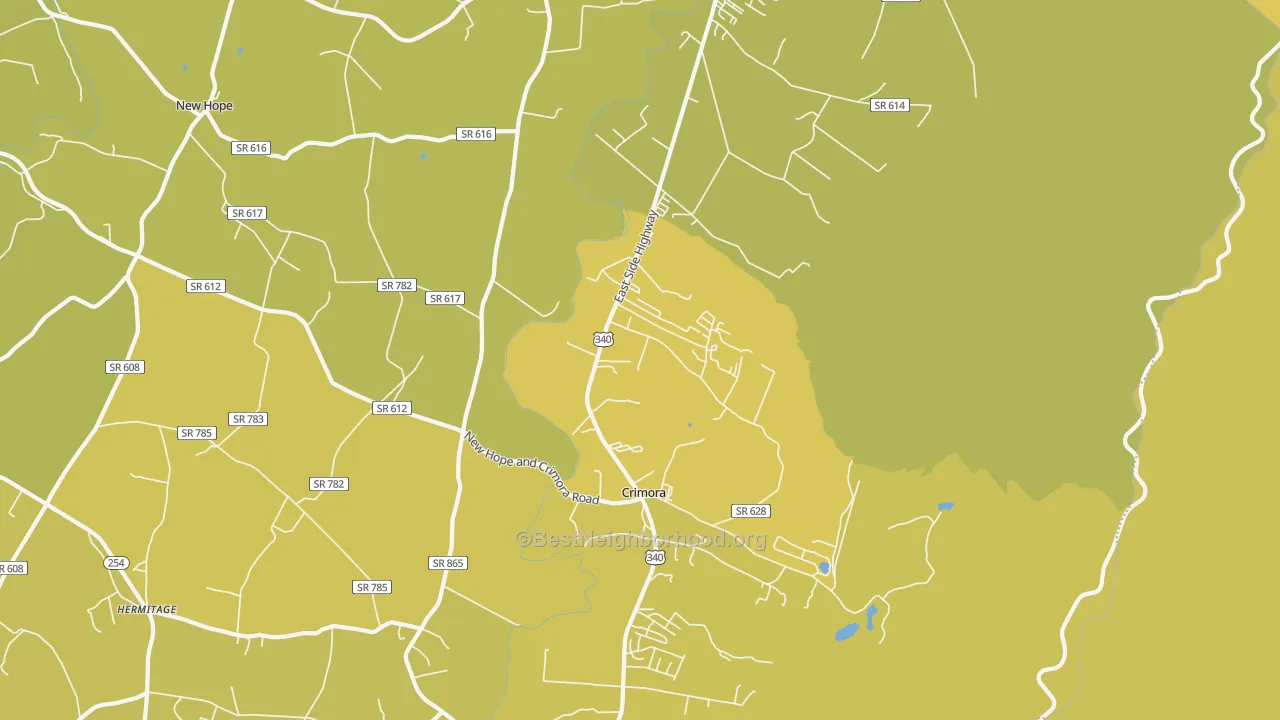 Map of the best neighborhoods in the 24431 area, with better matches in green and worse matches in red