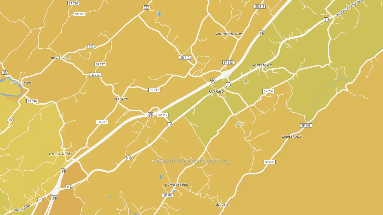 Map of the best neighborhoods in the 24435 area, with better matches in green and worse matches in red