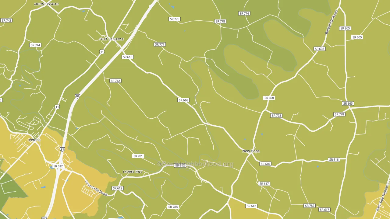 Map of the best neighborhoods in the 24437 area, with better matches in green and worse matches in red