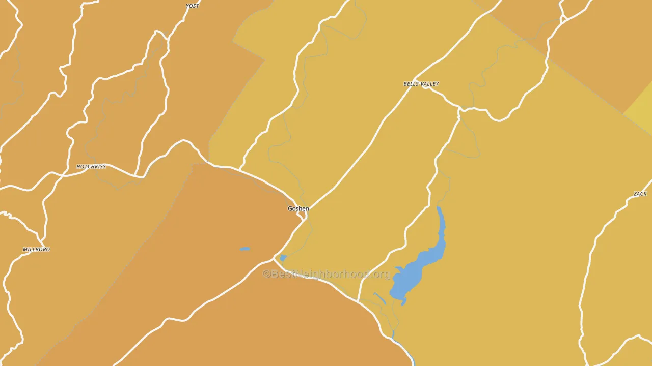 Map of the best neighborhoods in the 24439 area, with better matches in green and worse matches in red