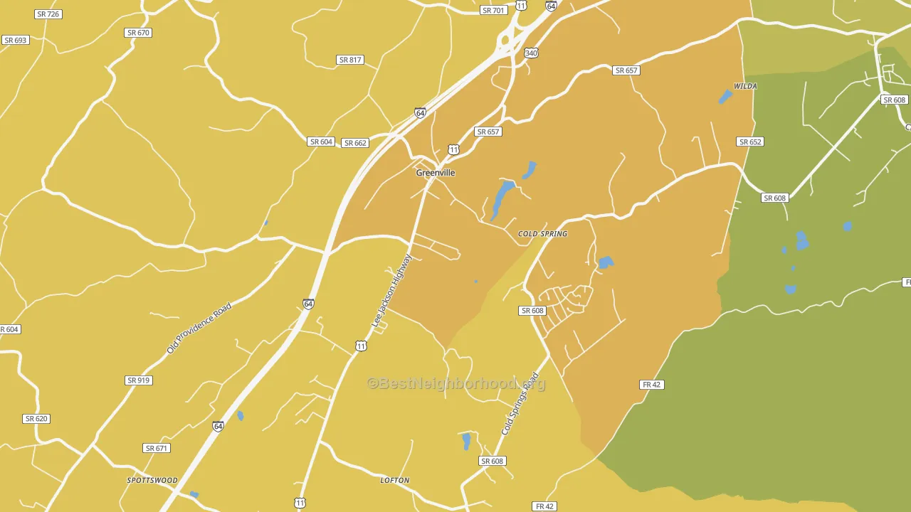Map of the best neighborhoods in the 24440 area, with better matches in green and worse matches in red
