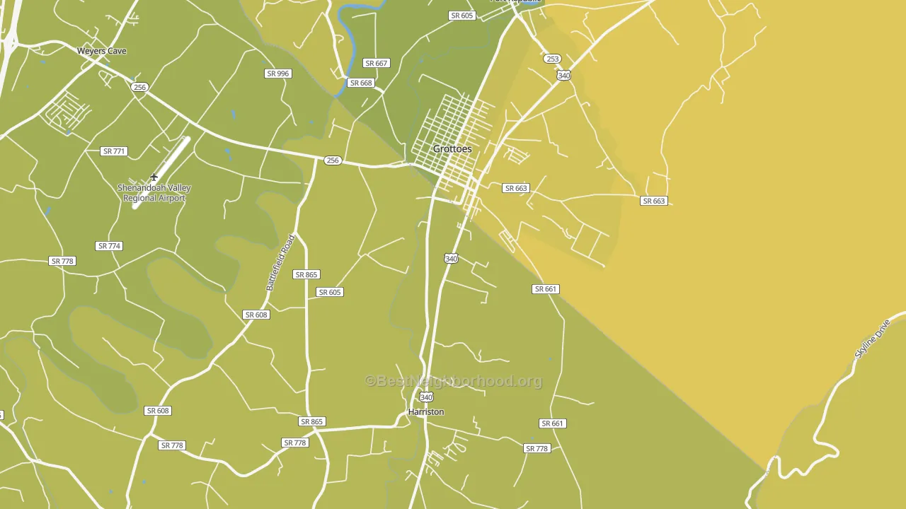 Map of the best neighborhoods in the 24441 area, with better matches in green and worse matches in red