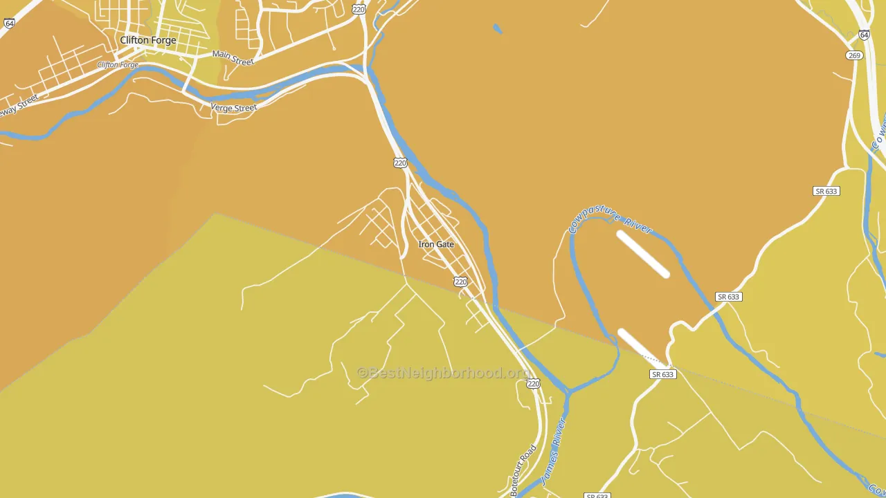 Map of the best neighborhoods in the 24448 area, with better matches in green and worse matches in red