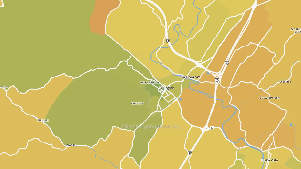 Map of the best neighborhoods in the 24450 area, with better matches in green and worse matches in red