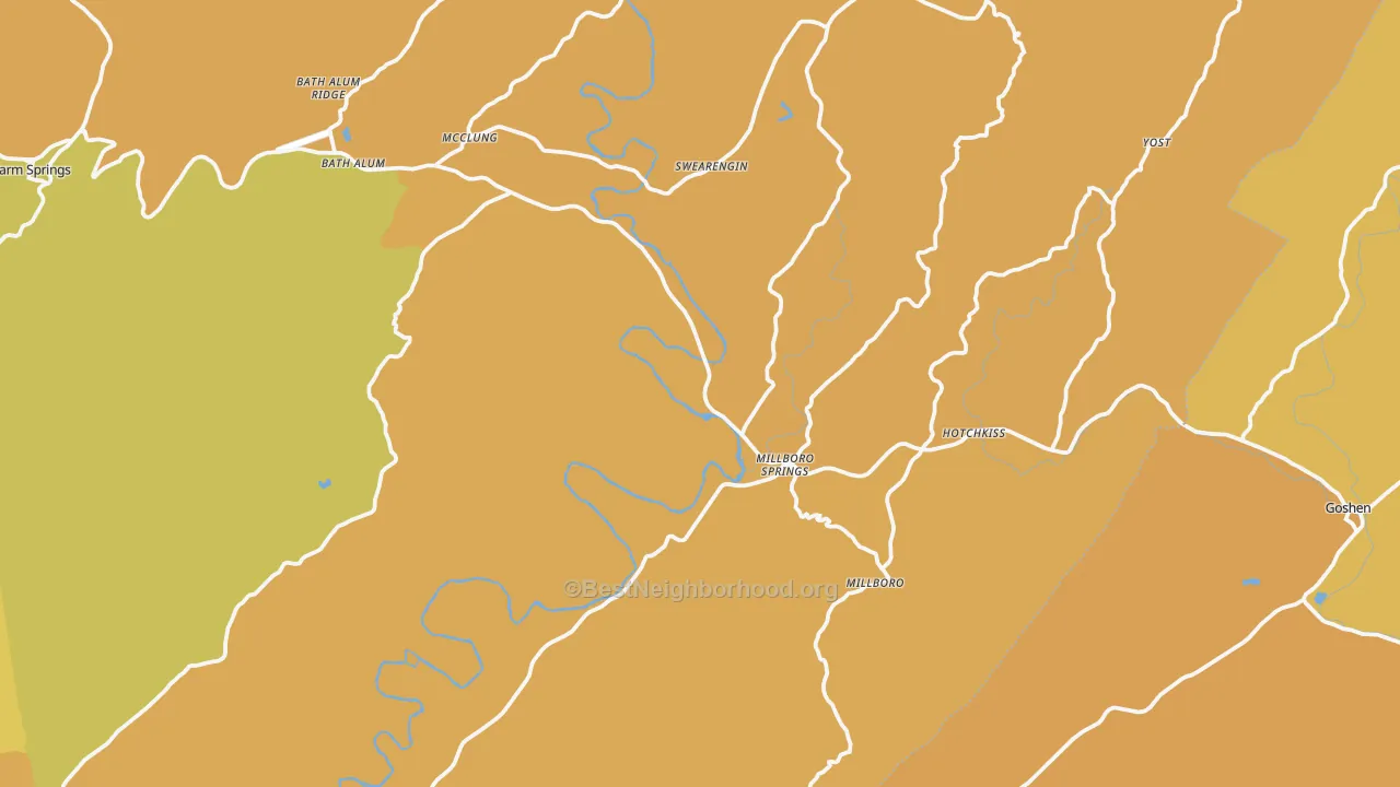 Map of the best neighborhoods in the 24460 area, with better matches in green and worse matches in red