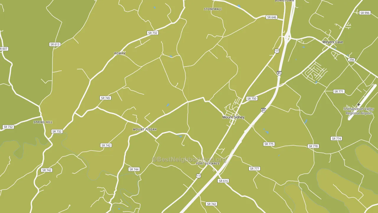 Map of the best neighborhoods in the 24467 area, with better matches in green and worse matches in red