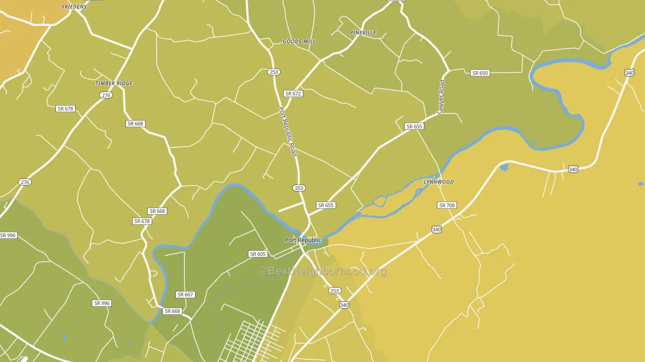 Map of the best neighborhoods in the 24471 area, with better matches in green and worse matches in red