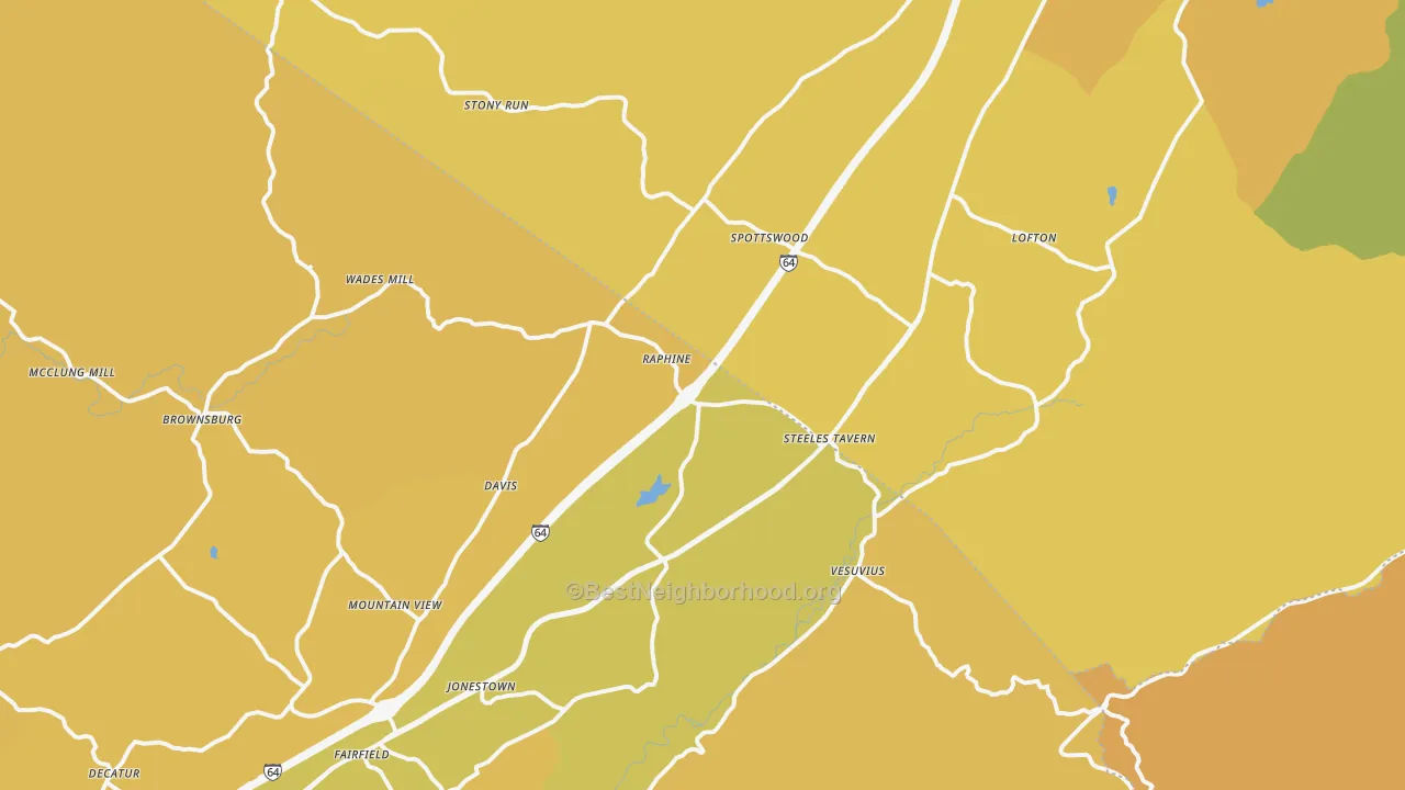Map of the best neighborhoods in the 24472 area, with better matches in green and worse matches in red