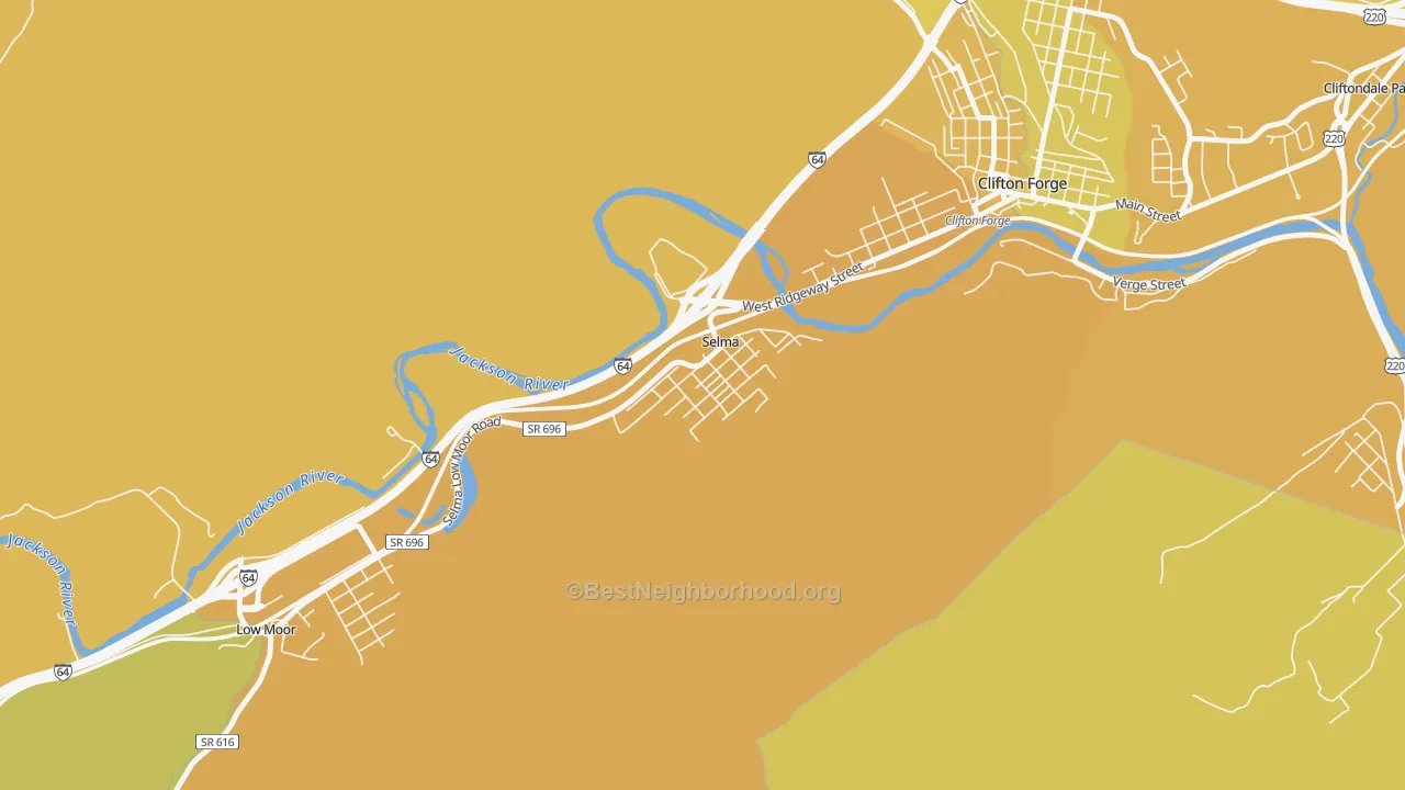 Map of the best neighborhoods in the 24474 area, with better matches in green and worse matches in red