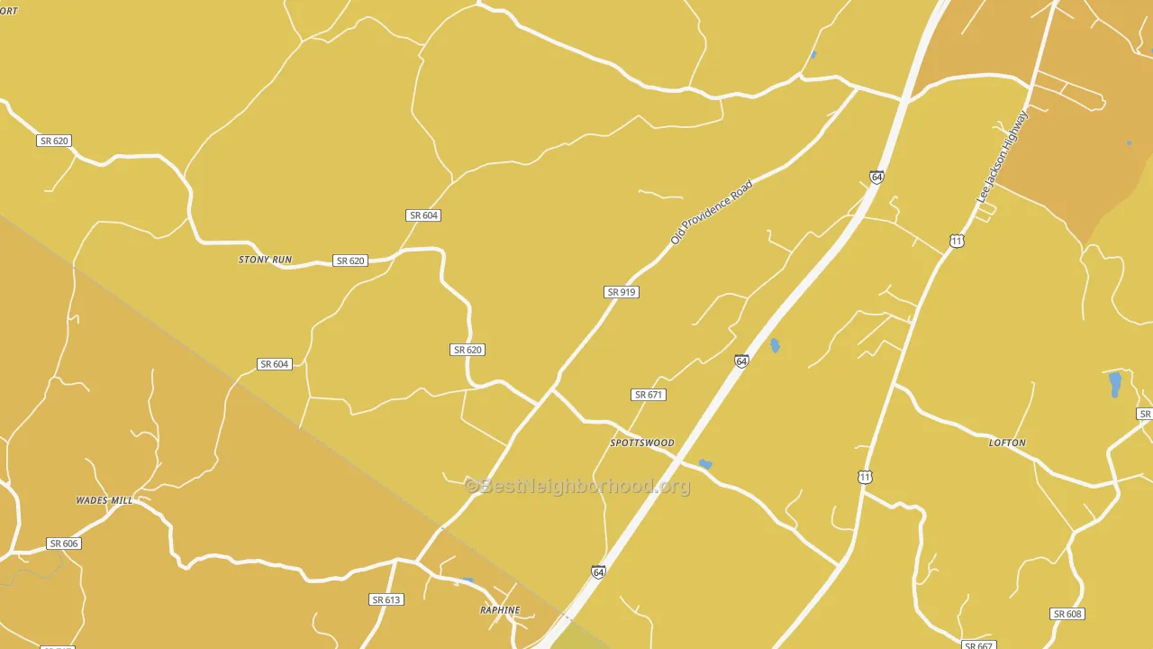 Map of the best neighborhoods in the 24476 area, with better matches in green and worse matches in red