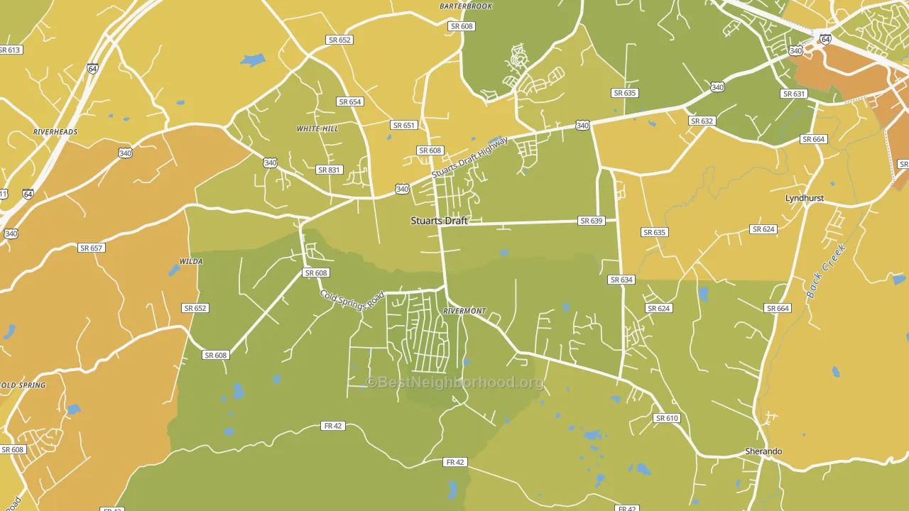 Map of the best neighborhoods in the 24477 area, with better matches in green and worse matches in red