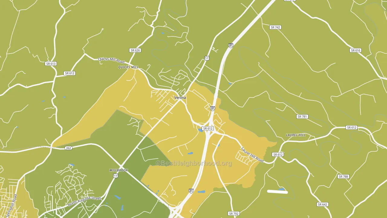 Map of the best neighborhoods in the 24482 area, with better matches in green and worse matches in red