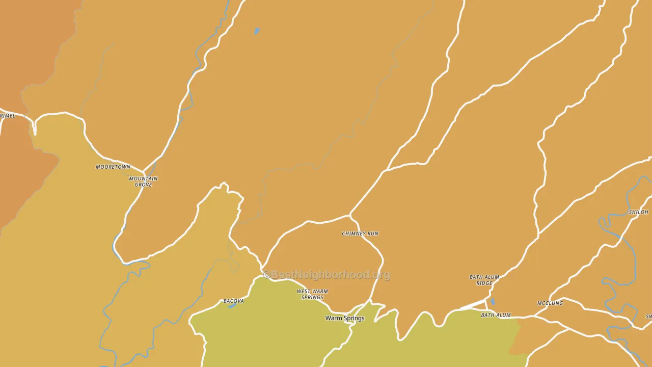 Map of the best neighborhoods in the 24484 area, with better matches in green and worse matches in red