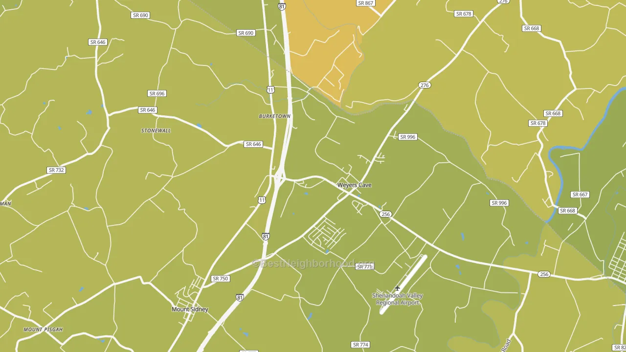 Map of the best neighborhoods in the 24486 area, with better matches in green and worse matches in red
