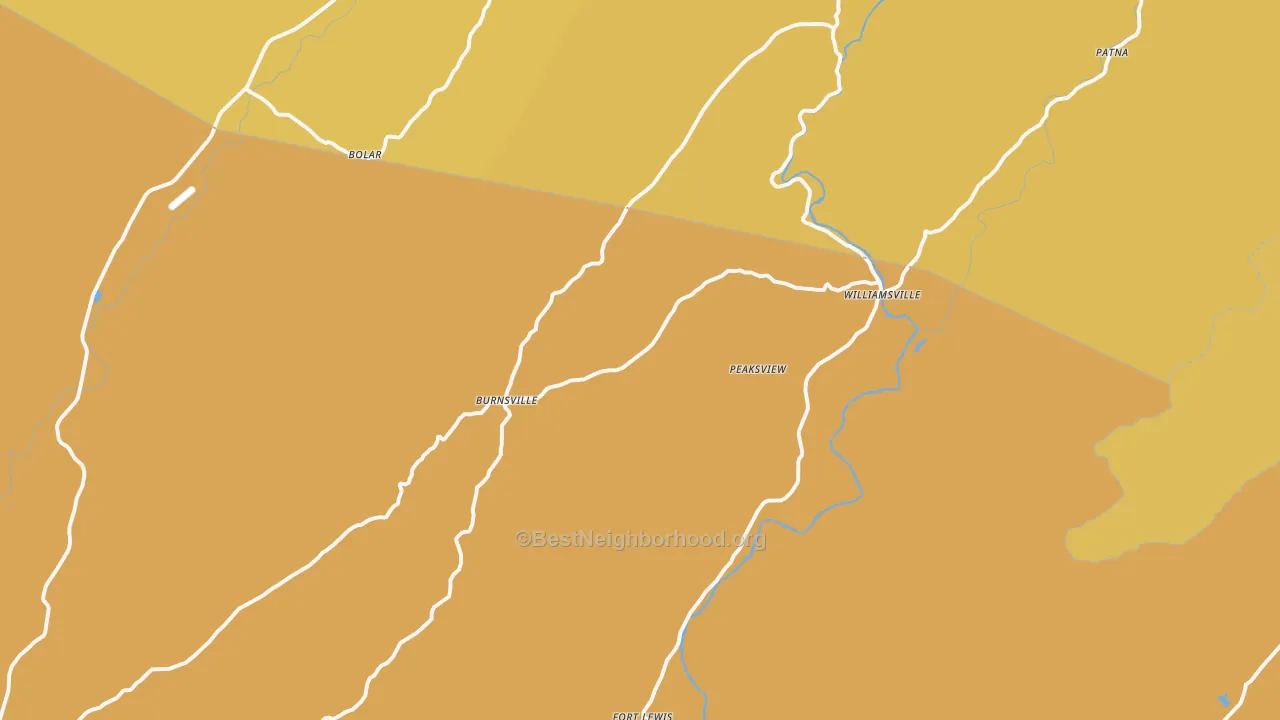 Map of the best neighborhoods in the 24487 area, with better matches in green and worse matches in red