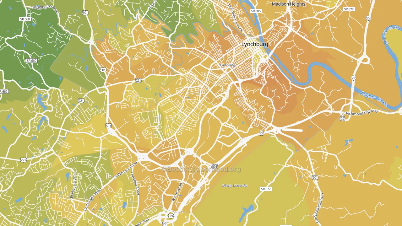 Map of the best neighborhoods in the 24501 area, with better matches in green and worse matches in red