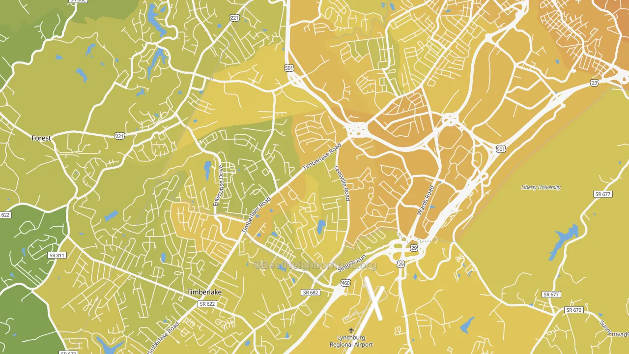 Map of the best neighborhoods in the 24502 area, with better matches in green and worse matches in red