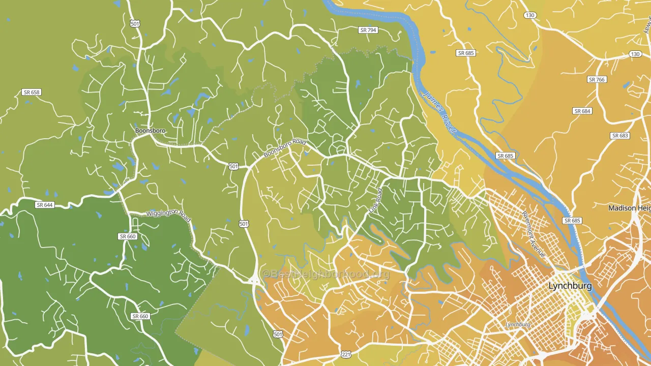Map of the best neighborhoods in the 24503 area, with better matches in green and worse matches in red