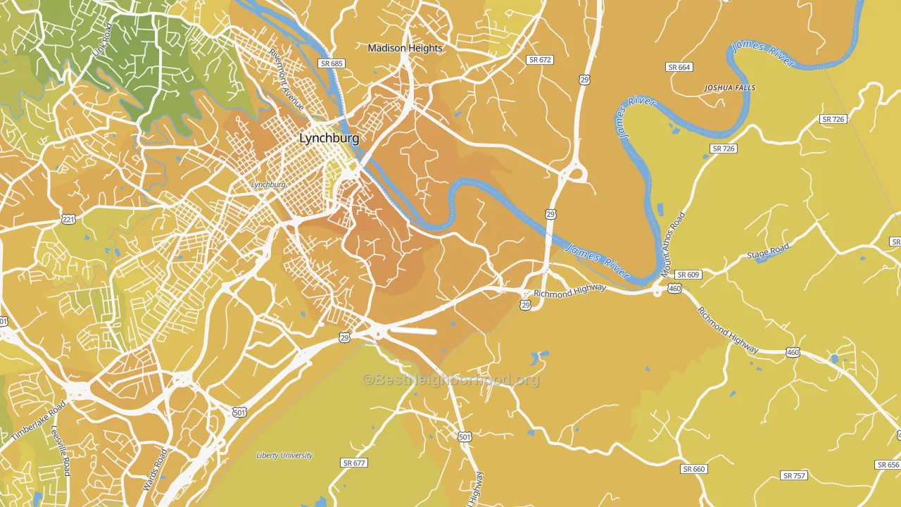Map of the best neighborhoods in the 24504 area, with better matches in green and worse matches in red