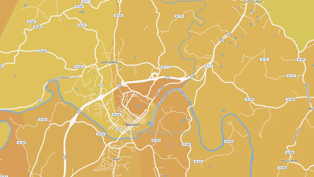 Map of the best neighborhoods in the 24517 area, with better matches in green and worse matches in red