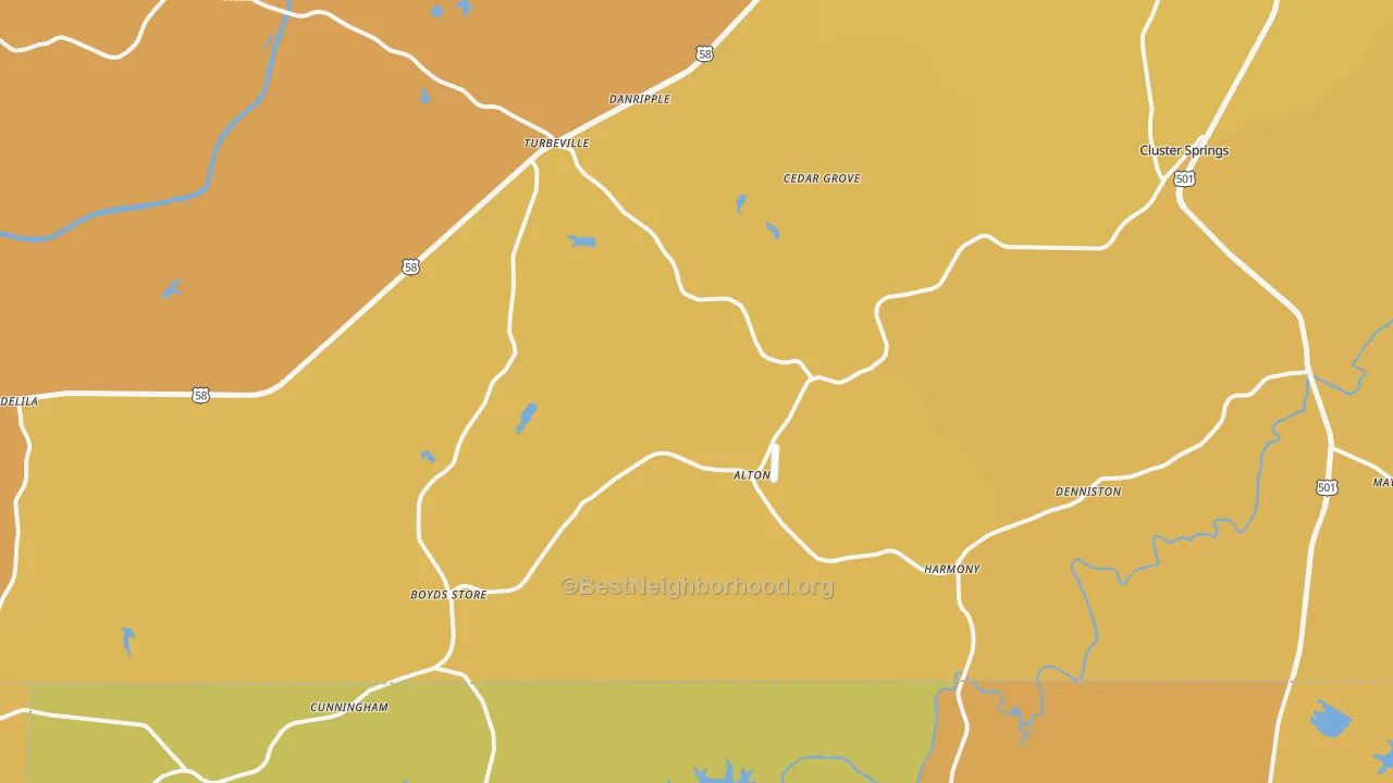 Map of the best neighborhoods in the 24520 area, with better matches in green and worse matches in red