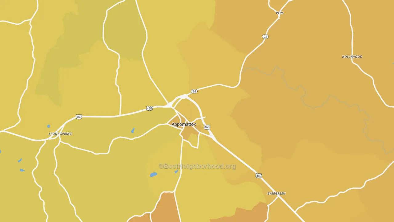 Map of the best neighborhoods in the 24522 area, with better matches in green and worse matches in red