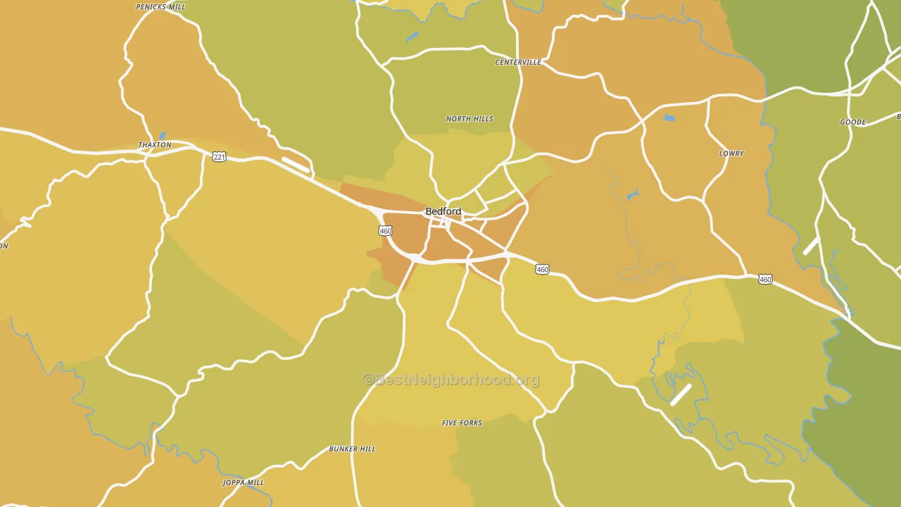 Map of the best neighborhoods in the 24523 area, with better matches in green and worse matches in red