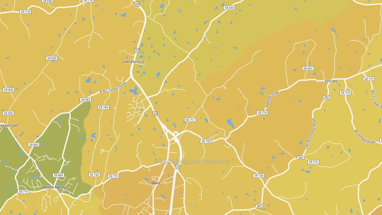 Map of the best neighborhoods in the 24527 area, with better matches in green and worse matches in red
